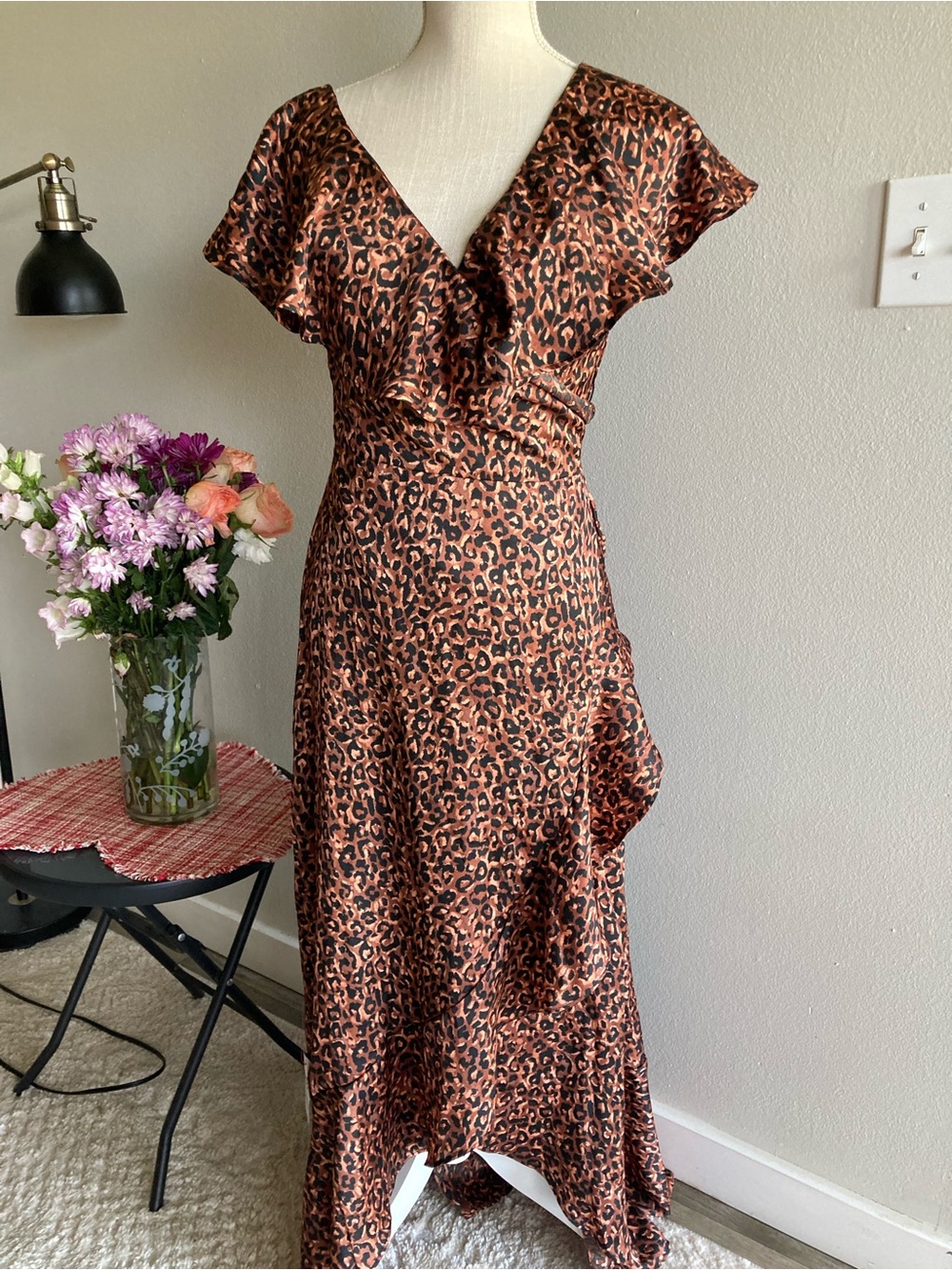 Topshop Leopard Print Ruffle Wrap Maxi Dress in Brown and Black